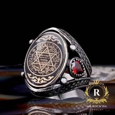 Seal of Solomon,Black Enamel,Red Zircon,Knitting Engraving,925 Silver Men's Ring - Image 1 of 4
