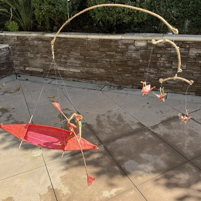 Sarena Mann Paper Mache Art Mobile Dancing Flying Fairy Lady Rowing Boat W Birds - Image 1 of 4