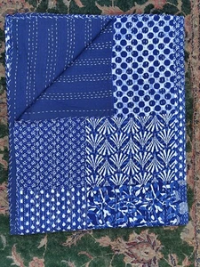 Handmade Blue Kantha Quilt Cotton Bedspread | Reversible Indigo Throw Blanket - Picture 1 of 10