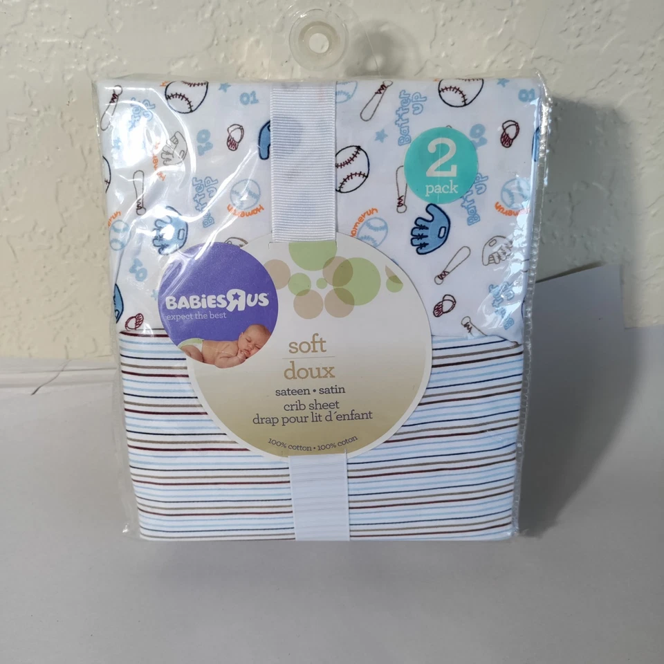 NUEVO Paquete de 2 sábanas de satén suaves para cuna Babies R Us tema de béisbol a rayas  Foto 1 de 4