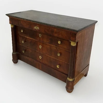 Antique French Ormolu Bronze & Flamed Mahogany Empire Marble Top Chest - Image 1 of 4