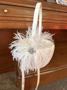 Flower Girl Basket With Rhinestones And Feathers Ivory Off White Cream EUC - Picture 1 of 7