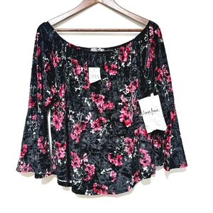 Top Crave Fame Terciopelo Fuera del Hombro Mujer Talla XL Manga Campana Negro Floral Nuevo con Etiquetas - Imagen 1 de 9