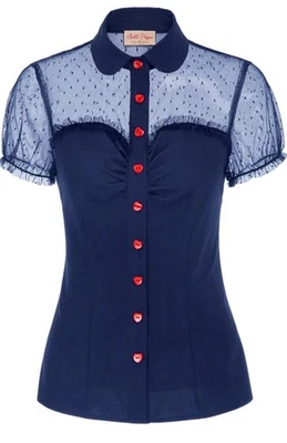 Camisa Bella Pague Estilo Pinup Retro Ajustada Blusa Mangas Corazones Talla Pequeña Encaje Foto 1 de 4
