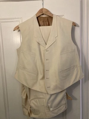 Мужской антикварный жилет 1900-х годов из эдвардианской белой летней шерсти габардин 2 предмета - Изображение 1 из 4