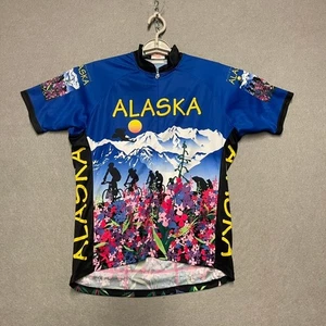 Alaska Bicycle Jersey Mens Large Blue 1/2 Zip Colorful Panorama Short Sleeve - Picture 1 of 10