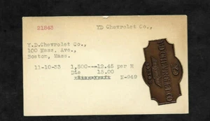 1933 Y.D. Placa de identificación de latón para concesionario Chevrolet... Archivo Angell MFG - Imagen 1 de 2