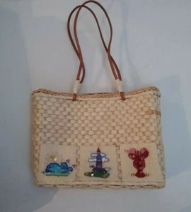Woven Straw Handbag Summer Purse Beach Tote With Beaded Beach Pics Sewed On - Picture 1 of 10