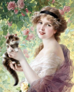 Young Lady with Kitten Roses by Emile Vernon - Picture 1 of 1
