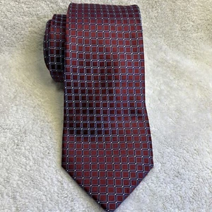 Nautica Men’s Long Silk Necktie Burgundy Red Blue Geometric Squares Tie - Picture 1 of 8