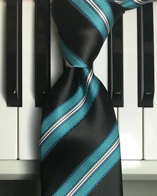 COVINGTON / Terrific Deep Turquoise & Black Ribboned Repp Stripe Poly Tie X-Long - Image 1 of 4