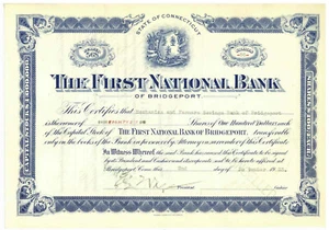 Erste Nationalbank von Bridgeport. Aktienzertifikat. Connecticut. 1923 - Bild 1 von 1