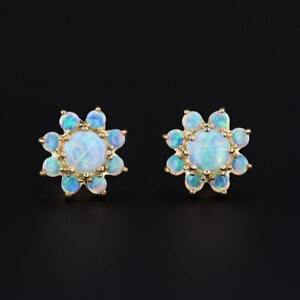 Vintage Opal and 18K Yellow Gold Over Flower Studs Push Back Beautiful Earrings 