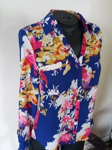 EXPRESS Vibrant Floral Multicolor Portofino Button Front Blouse w/Rolltab Slv XS - Picture 1 of 5