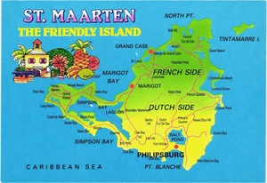 Postcard:  Map of St. Maarten -- The Friendly Island -- Caribbeans Islands - Picture 1 of 2