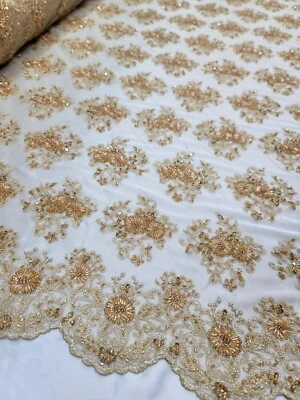 Tecido de renda dourado com miçangas nupciais por jarda - Flores florais bordadas para casamento - Imagem 1 de 4