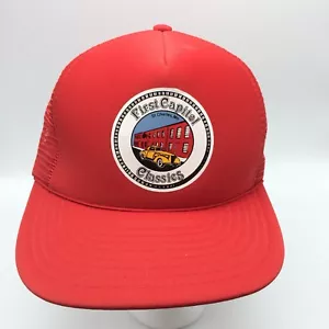 Vtg Red Mesh Trucker Ball Cap Hat Snapback First Capitol Classics Cars Missouri - Picture 1 of 9