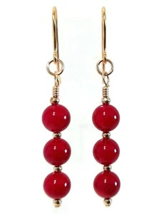 9ct Gold Red Coral Earrings with Gold Beads, Natural Gemstone Bead Drop Earrings - Picture 1 of 11