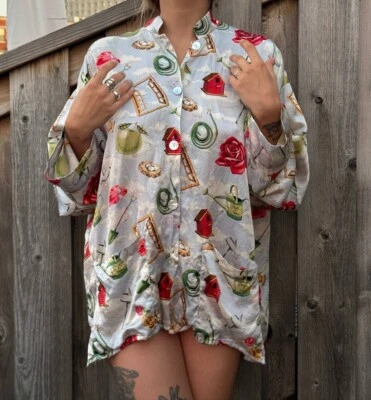 blusa pijama nick and nora vintage original feita em seda tamanho grande NYC  - Imagem 1 de 4