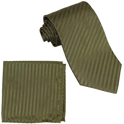 New Polyester Woven Men's Neck Tie necktie & hankie Stripes Olive green formal - Image 1 of 3