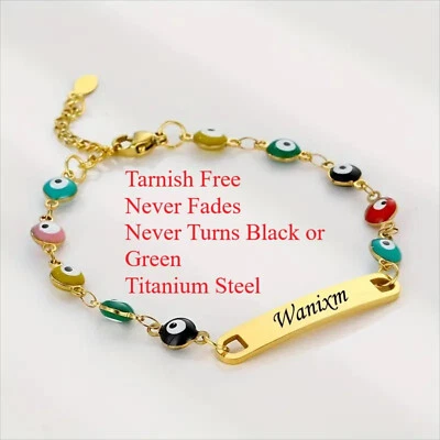 Brazalete Tenis Personalizado Oro 18K Titanio Acero Color Mal de Ojo Identificación 7" a 9" Foto 1 de 4
