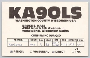 Ham Radio QSL KA9OLS Badger State West Bend Wisconsin Postcard - Picture 1 of 2
