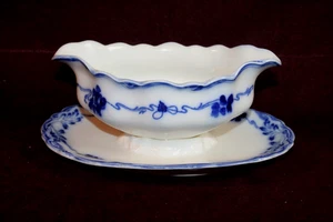 Antique Gridley Flow Blue Gravy Boat CLOVER w/ Underplate  c.1891-1914 England - Picture 1 of 7