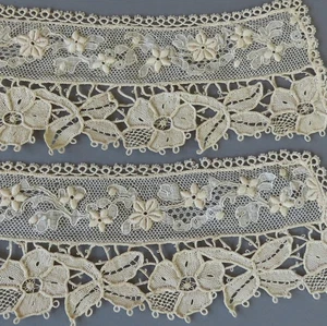 Pr Antique Handmade Mixed LACE Cuffs POINT de VENISE Needlerun Lace + Embroidery - Picture 1 of 5