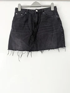 H&M Black Denim Mini Skirt EUR 38 / US 6 – High Waist, Frayed Hem - Picture 1 of 15
