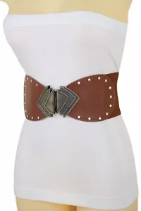 Women Elastic Wide Brown Faux Leather Corset Belt Gold Metal Fans Buckle Fit S M - Picture 1 of 12