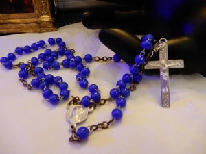 ROSARY Blue small beaded & Silver Christian Rosary w/Crucifix~FRANCE~FREE SHIP! - Picture 1 of 6