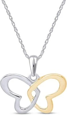 Hermoso Collar Colgante Mariposa Doble Corazón Dos Tonos 18" Plata de Ley Foto 1 de 4