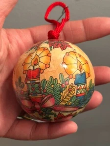 Vintage Paper Mache Ball Ornament "CANDLES,POINSETTIA FLOWER - Picture 1 of 8