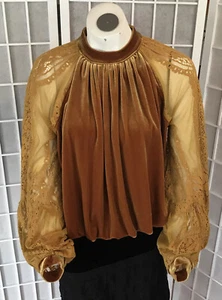 Free People Samt Comfort Bluse gold senfgelb Spitzenärmel Damen M - Bild 1 von 16