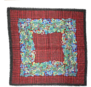 Vintage 1980s Scarf Red Black Houndstooth Print Shawl Wrap Floral Retro - Picture 1 of 5