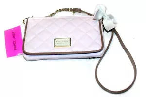 Betsey Johnson E/W Crossbody Quilted Purse, Blush/Tan with White Bow (defect) - Picture 1 of 4