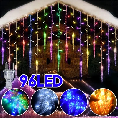 Christmas 96 LED Icicle Falling Rain Curtain Fairy String Light Ice Pendant Lamp - Image 1 of 4