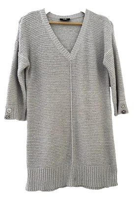 WALLIS.  SILVER GREY TUNIC JUMPER V NECK & 3/4 SLEEVES.  SIZE SMALL - Image 1 of 4