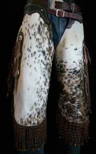 Cowhide Leather Hair-On Chinks with Fringe – Rodeo Western Show Cowboy Gear - Picture 1 of 7