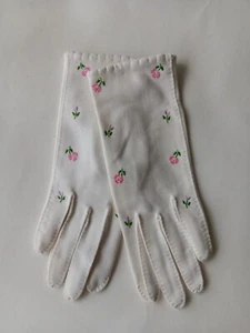 Vintage Ladies Gloves White Cotton with Embroidered Rose Accents No Label No Sz - Picture 1 of 9
