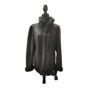 LIZ CLAIBORNE WOMEN'S Black COAT JACKET FAUX FUR Trim ~Large - Picture 1 of 8