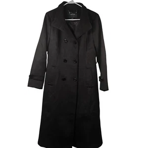 Escalier Black Coat Women's Size M Double-Breasted Long Pea Coat Wool Blend - Picture 1 of 8