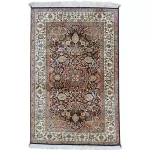Hand-Knotted Traditional Design Kashmiri Silk Handmade Rug (Size 3.1 X 4.9) Cwra - Picture 1 of 10