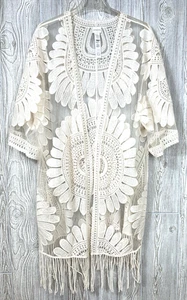 Plumero transparente frontal abierto con flecos bordado de encaje Chico's crema talla 2 - Imagen 1 de 15