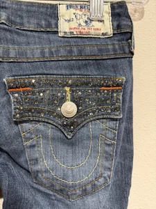Pantalones de mezclilla rectos vintage Y2K True Religion con cuentas para mujer talla 25x26 lavado claro - Imagen 1 de 9