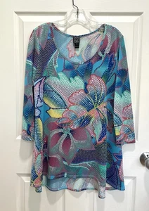 CLARA SUN WOO Tunika Top Damen XL bunt Blumen abstrakt halbtransparent künstlerisch Hi Lo - Bild 1 von 6