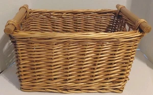 Large Basket Wood Handles Woven Rattan Wicker 15”x11”x8”  - Picture 1 of 4