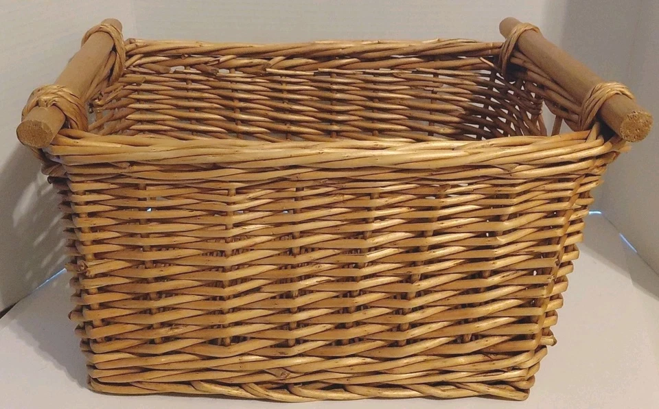 Large Basket Wood Handles Woven Rattan Wicker 15”x11”x8”  - Image 1 of 4