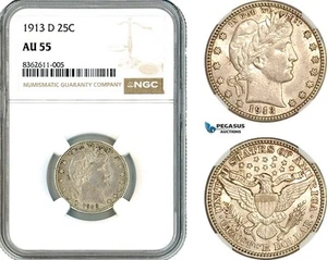 AK826, United States, Barber Quarter Dollar (25C) 1913 D, Denver Mint, NGC AU55 - Picture 1 of 1