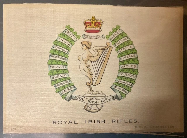 BDV SILK CIGARETTE CARD-REGIMENTAL COLOURS AND CRESTS-G Size ROYAL IRISH RIFLES - Image 1 of 1